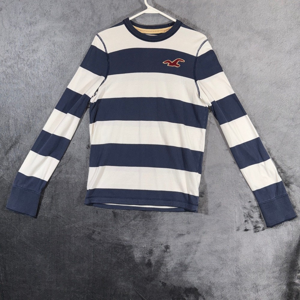 Hollister Mens Long Sleeve Striped T-Shirt Navy Blue White Logo Size M
